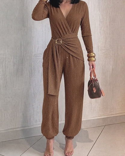 Stella Glitter Wrap V-Neck Belted Jumpsuit